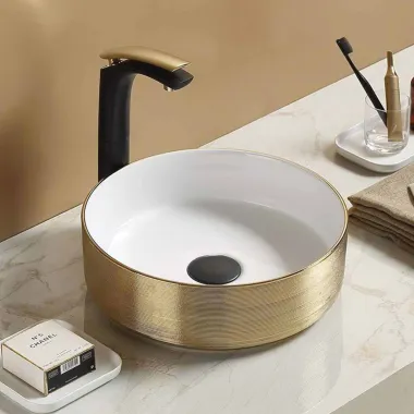 Vasque à poser céramique blanc brillant décor doré C1055