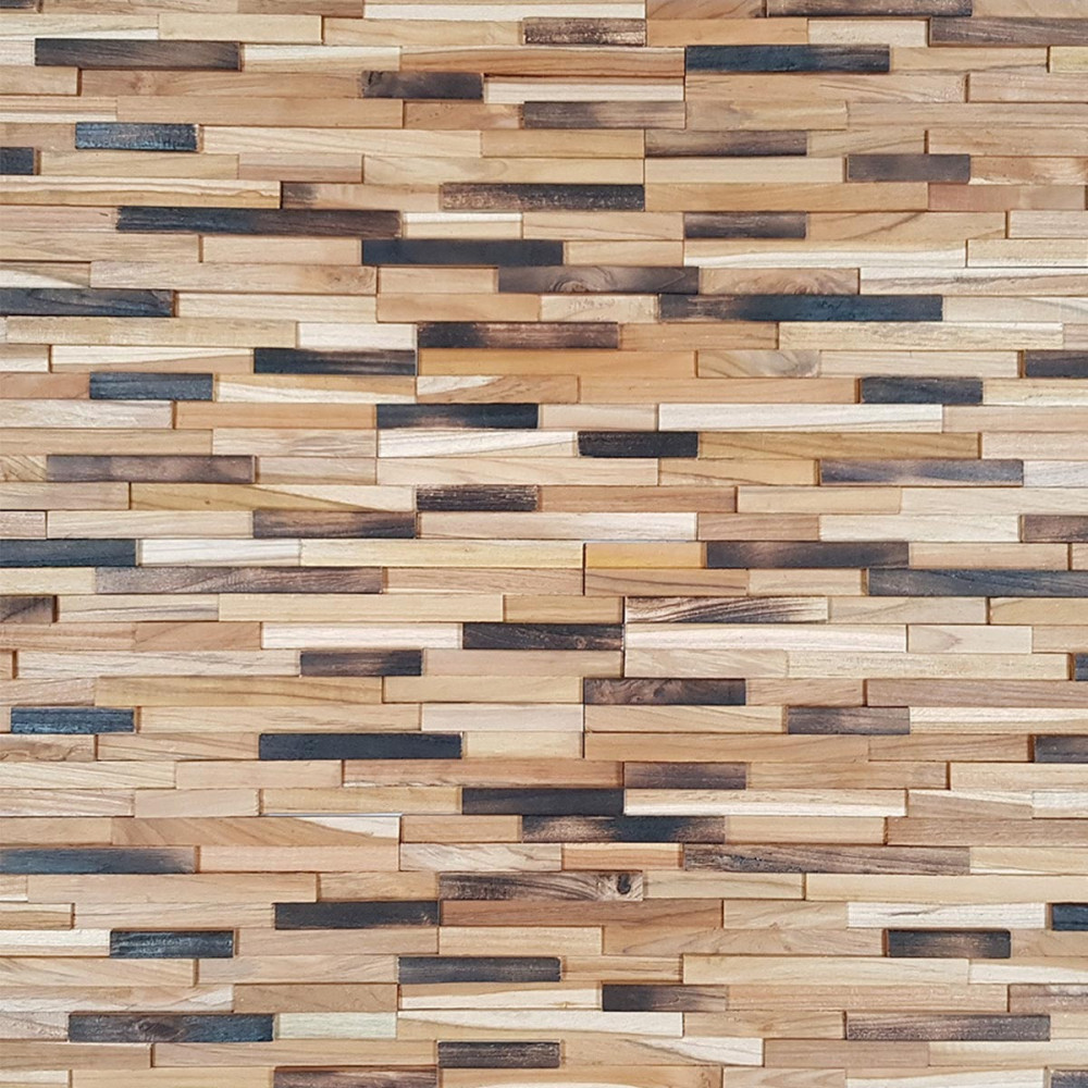 Parement bois en teck 20x60 cm style brûlé